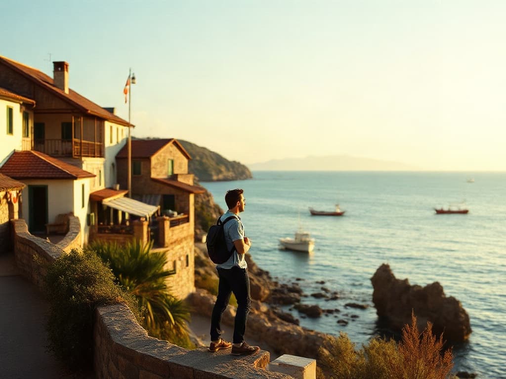 A traveler at the edge of a quiet coastal village at golden hour, looking out at calm water.